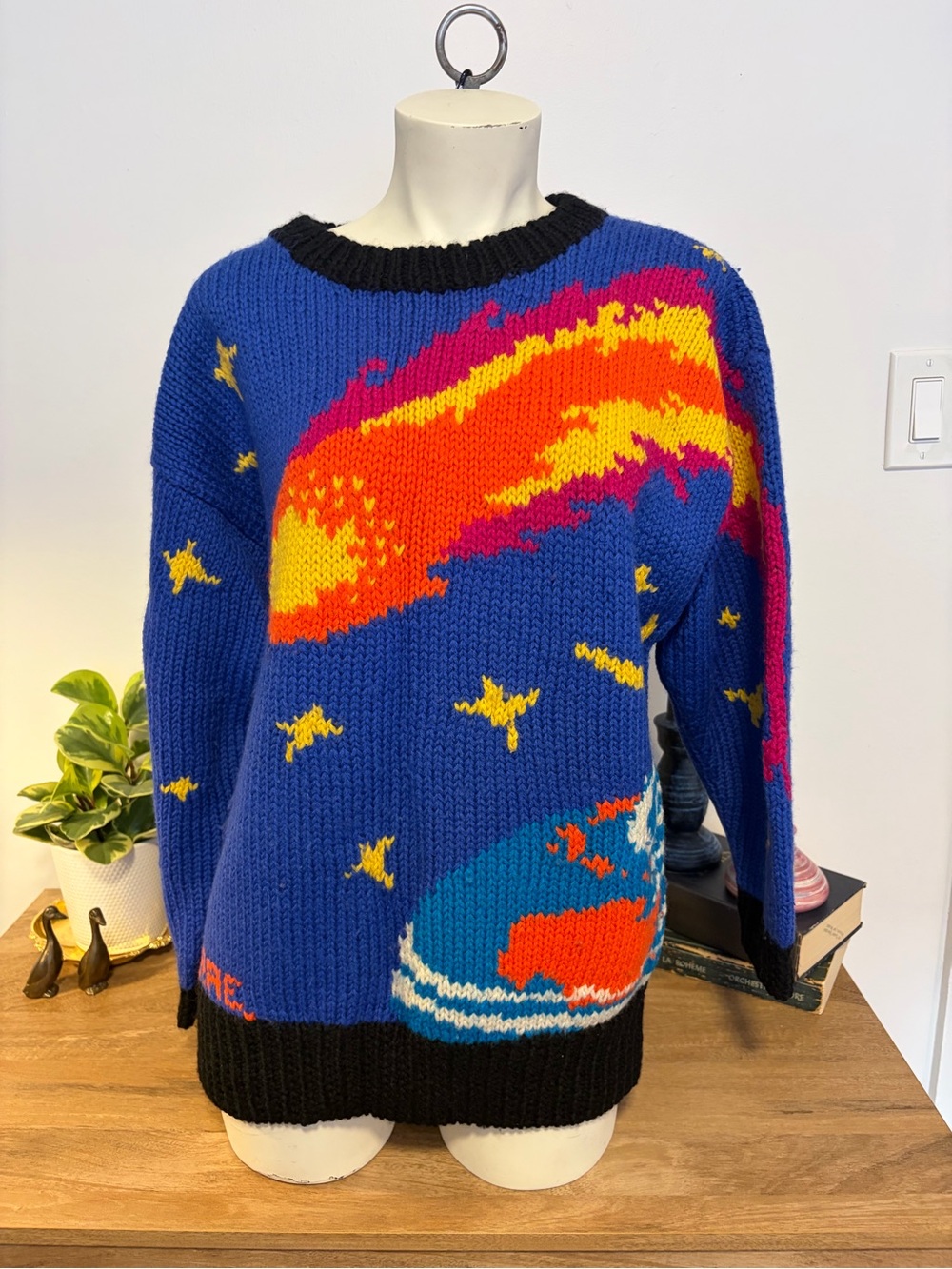 Vintage Noble Space Age Comet Novelty Knit Sweater Blue M